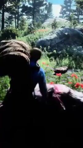 A person in a video game walks through a grassy field. The person is wearing a blue shirt and carrying a large backpack. The field is full of flowers and rocks. There are trees in the background. The person walks away from what appears to be a dead animal carcass.