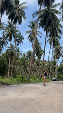 Woman walks palm-lined roads in Thai village