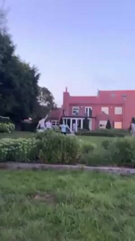 The video depicts a backyard scene where several people are throwing things at each other. The backyard is large, with well-maintained grass and garden areas. In the background, a large red brick house is visible. There are trees and bushes on the left side of the frame. The people appear to be engaged in a playful activity, throwing items that seem to be bundles of something soft, possibly flowers or plants. The sky is a light blue, suggesting it is late afternoon or early evening.