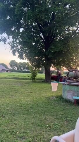 A red tractor sits in a grassy field near a large tree. A dog walks across the lawn in the foreground. A well with a net hanging over it is visible to the right. In the background, there are several buildings and a pale sky with a sliver of moon. The sun is setting, casting a warm glow over the scene.