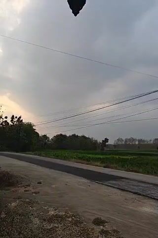 This video pans across a rural landscape under a cloudy sky. The foreground consists of a dusty, unpaved shoulder next to a paved road. The road curves gently to the right. To the left of the road, there are fields of crops, possibly corn, bordered by trees. Further back, there are houses with traditional roofs and more trees. Overhead, several utility wires are strung between poles, adding a modern element to the otherwise natural setting. The overall impression is of a quiet, somewhat undeveloped rural area.