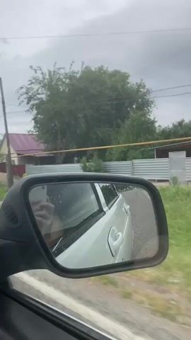 The video is shot from inside a moving vehicle, looking out the side window at the side mirror. The side mirror reflects the road behind, the car's interior, and a person holding a phone. Outside the car, green trees and grass line the road. In the distance, a house with a reddish roof is visible. The sky is cloudy.