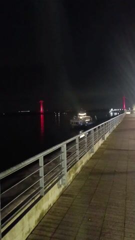 The camera navigates a night scene from an elevated walkway, defined by a grey metal railing running its length on the left. The walkway is paved with rectangular stones. To the left of the walkway, the dark body of water extends into the black, starless night. A boat, illuminated by lights, sits on the water, and two red towers, also illuminated, stand in the distance, reflecting in the water. To the right of the walkway, there are buildings. The scene is illuminated by multiple, bright light sources, casting long shadows across the walkway. The scene appears devoid of people.
