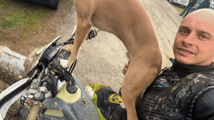 Man takes selfie with dog on dirt bike in Bulgaria