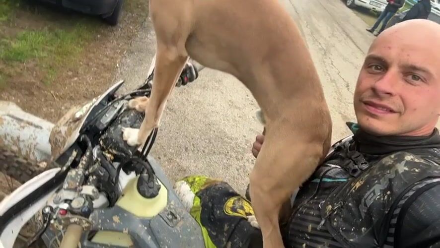 Man takes selfie with dog on dirt bike in Bulgaria