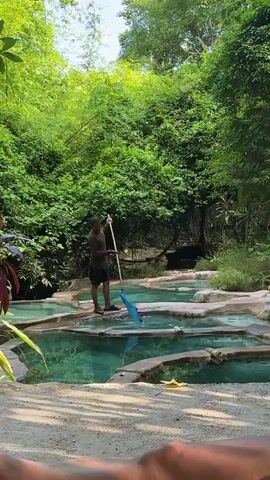 A person stands on a narrow stone ledge over a series of tiered, turquoise pools of water. They are holding a long-handled blue net and appear to be cleaning the water. The pools are surrounded by lush green foliage and trees, with sunlight filtering through the leaves, creating dappled shadows on the sandy ground.