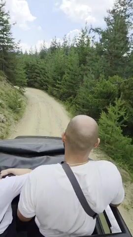 The video shows a first-person perspective of a person sitting in the back of an open-top vehicle as it drives along a dirt road. The road is surrounded by dense pine forest on both sides. Two people are visible in the back of the vehicle, facing forward. The person in the foreground is a bald man wearing a white t-shirt and a black strap across their chest. The person next to them, partially visible, is a woman with dark hair pulled into a ponytail, wearing a white t-shirt. The vehicle appears to be navigating a curve in the road, with the trees forming a canopy overhead and the sky visible above with scattered clouds.