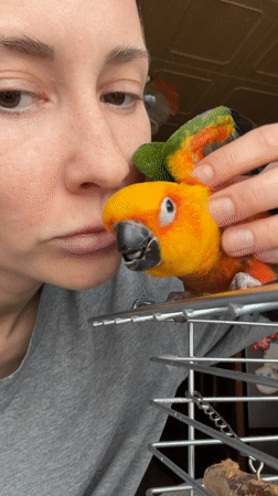 Woman holds colorful bird in Khimki, Russia