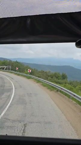 A front view from inside a moving vehicle shows a winding road with a metal barrier on the right side. The road curves to the left as it descends a hill. Green trees and grass line the road on both sides. In the distance, mountains are visible under a cloudy sky. Two red and white chevron signs point to the left curve.