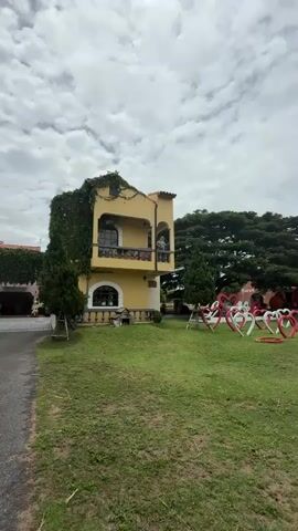 A woman stands on a balcony of a yellow building and waves. The building has a vine growing on its side. In the foreground, there is a green lawn with some heart-shaped decorations. The sky is cloudy.