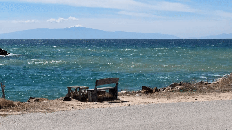 Coastal bench and table observed roadside in Greece