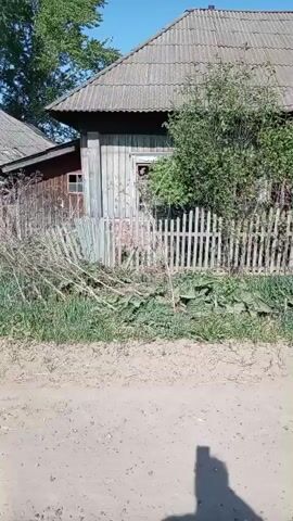 The video begins with a ground-level view of a rural setting. A dirt road stretches into the distance, flanked by simple houses with wooden fences and overgrown vegetation. Power lines run above the road. The sky is clear and blue. 

A young child wearing a pink outfit and a cap walks into the frame from the side of the road. An adult hand reaches out to guide the child as they walk along the road. The child carries a small bag or container.