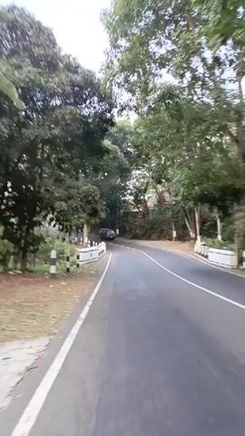 The video shows a car driving down a paved road. The road is lined with trees on both sides, and there is a white and black striped barrier on the left side of the road. The sky is overcast. The car is moving forward and turning to the right. There are also some houses visible in the background.