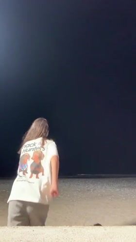 Person walks small dog on Montenegro beach at night