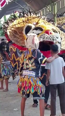 This is a video of a cultural performance featuring a large tiger costume. Several people are present, some are operating the costume, which has a visible head and body, while others are watching and recording the event on their phones. The performers are dressed in traditional attire, and the environment appears to be an outdoor gathering. The tiger costume is elaborate with bright colors and intricate details.