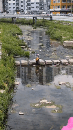 Man stands on stepping stones in Daejeon urban stream