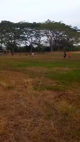 The video shows a soccer game being played on a dry, grassy field. There are several people on the field, some of whom appear to be playing soccer. The game is being played in a rural area, with trees in the background. The sky is overcast.