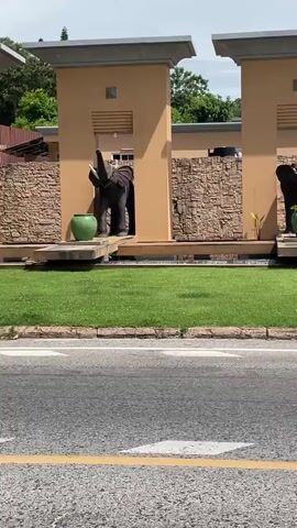 The video pans across a street with a sidewalk and a well-maintained grassy area. On the other side of the grass is a building with a decorative facade. The building features tall, beige pillars with textured stone inlays and large vase-like sculptures. In front of the building, there is an elephant statue with its trunk raised, positioned next to a large green potted plant. Further down the building's facade, there are at least two more identical structures, each with an elephant statue. The scene appears to be an entrance to a residential complex or a similar establishment, suggested by the presence of traffic cones, a speed limit sign, and a gate-like structure with a barrier. Cars are visible parked in the distance beyond the entrance. The sky is overcast.