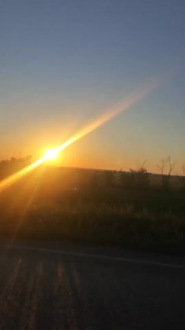 The video shows a time-lapse of a sunset over a rural landscape. The sun is a bright orange orb low on the horizon, with a strong lens flare creating a diagonal beam of light across the frame. The sky transitions from a deep blue at the top to a lighter orange and yellow near the horizon. In the foreground, there is a dark asphalt road with some light and shadow patterns. Behind the road, there is a field of green grass and scattered trees, some of which are bare and silhouetted against the sky. The scene is static except for the subtle changes in light and color as the sun sets.