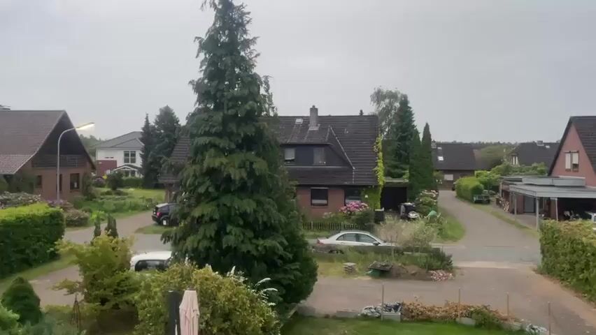 The video shows a residential area during a rainstorm. The view is from an elevated position, looking out over a neighborhood with several houses. The houses are mostly brick with dark-colored roofs.  There are a number of evergreen trees, bushes, and other greenery in the yards. Several cars are parked in driveways or on the street. The sky is overcast and grey, and the sound of thunder can be heard.