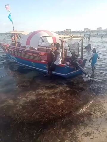 The video shows a colorful boat with a striped canopy anchored near a beach. A man in a white tank top sits on the side of the boat, while another person stands near the boat's motor. The water is shallow and has a lot of seaweed near the shore.  In the background, there are many people wading and swimming in the water. The sky is clear and blue.