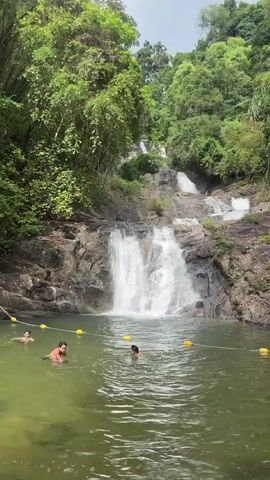 The video shows three individuals swimming in a pool at the base of a multi-tiered waterfall. The pool is marked with a yellow buoy line. The waterfall cascades down a rocky slope surrounded by dense green foliage. The overall scene is one of natural beauty and relaxation.
