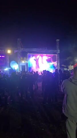 The video shows a live music concert at night. A crowd of people, mostly silhouetted in the darkness, stands facing a brightly lit stage. The stage has large screens displaying visuals, and stage lights create a purple and blue hue. A performer in a black jacket and hat is visible on stage, singing into a microphone and gesturing to the crowd. Smoke or fog effects enhance the lighting. Some individuals in the audience are wearing jackets with logos.
