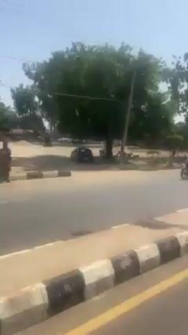 The video shows a view from a moving vehicle, driving along a paved road with a yellow dividing line and a curb with alternating black and white blocks. On the side of the road are trees and buildings with people and vehicles parked along the street. A motorcycle drives on the opposite side of the road. Power lines are visible in the sky.