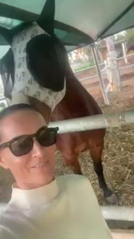 A woman wearing sunglasses and a white turtleneck sweater is holding a cell phone, capturing a selfie-style video of herself with a brown horse. The horse is standing in a stall with straw on the ground, and a white, patterned fly mask covers its face. A metal fence separates the woman from the horse. The scene is under a green-shaded awning. The woman smiles briefly at the camera while the horse shifts its head. The backdrop is blurred, showing hints of buildings and greenery in the distance.