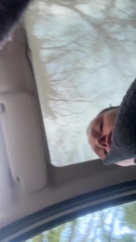 From a low-angle perspective inside a car, a person wearing a gray sweater looks down through an open sunroof. The person’s face is partially visible. The sky and tree branches are visible through the opening. The person's hand briefly reaches up to the roof.