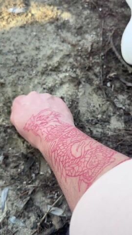 A pale-skinned person's left hand with a large, red dragon tattoo on the forearm is shown sifting dirt onto a sandy beach near a body of water.  The background includes a horizon with trees and a blue sky. The immediate foreground is comprised of damp sand with small twigs and debris scattered around.