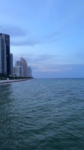 This is a vertical video looking out over the ocean at dusk. In the distance, a city skyline is visible on the left side of the frame, with tall buildings lining the coast. The ocean is calm with gentle waves. The sky is a clear blue with some faint clouds near the horizon. There are no people or animals visible in the video. The lighting suggests it is either sunrise or sunset, with the sun not visible in the frame.