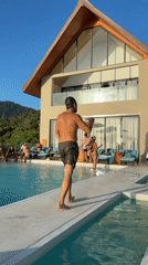 Poolside dance shoot at a Ko Samui villa with DJs and mountain views