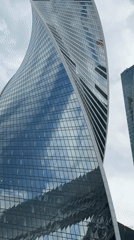 Glass skyscrapers filmed under overcast skies in Khimki, Russia