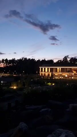 A video opens on a dark, rocky foreground with a body of water visible to the right. Behind the rocks, a modern, multi-story building with many illuminated windows is visible. The building is surrounded by trees, forming a dark silhouette against a twilight sky. Two tall, slender pine trees stand in front of the building, leaning slightly to the right. The sky is a deep blue with some wispy clouds. The lighting is dim, suggesting it is either dawn or dusk.