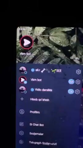 A close-up shot shows the screen of a phone or tablet displaying a Telegram messenger app interface. The app's left-hand menu is visible, featuring several options including "Vkm bot" (highlighted with a checkmark), "Vidio darslikla", "Hisob qo'shish", "Profilim", "SI Chat Bot", "Sezmalar", and "Telegraph Sozlamalar". The screen's background image is a close-up of green leaves with water droplets. The time displayed on the top left corner is 13:06. The device is held in a dark setting.