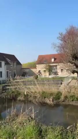 The camera moves past a rural scene on a sunny day. A small stream flows in the foreground, with reeds and grass along the banks. On the other side of the stream, there are several stone buildings with red tile roofs. Trees surround the buildings, some with bare branches and others with new green leaves. As the camera continues to move, it passes a white building with an iron fence and overgrown vegetation. A utility pole is also visible.