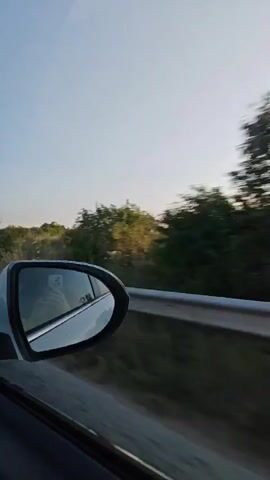 The video shows a view from inside a car looking out the side window and at the side mirror. The car appears to be moving along a road bordered by trees and foliage. The sky is clear and bright, suggesting daytime. The side mirror reflects a person inside the car, holding a phone. The trees and greenery are blurred, indicating motion.