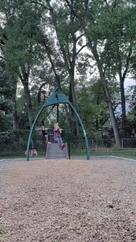 A young girl on a zip line swings back and forth in a playground. She is wearing a purple t-shirt and patterned pants. The zip line is green and arched, with a metal pole supporting it. The ground beneath the zip line is covered in wood chips. In the background, there are trees and a chain-link fence. Another child stands on a set of stairs leading up to the zip line. A dog is visible on the left side of the frame, near the fence.