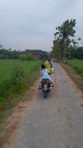 Two people ride on a motorcycle along a paved road. The person in front is wearing a yellow shirt and a helmet, while the person in the back is wearing a blue and white shirt. The motorcycle is moving away from the camera. The road is lined with green grass and some trees. In the background, there are some houses and more trees. The sky is overcast.