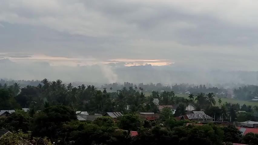 The scene presents an overcast landscape featuring a rural community enveloped in mist or fog. In the foreground, trees obscure the view, allowing glimpses of rooftops and what appear to be houses. Amidst this, tall palm trees stand prominently. The middle ground shows a scattering of buildings, interspersed with patches of green, likely rice paddies. The background reveals a range of hills or mountains, partly obscured by the thick haze. Above it all, a gray, cloudy sky dominates the view, barely allowing a hint of light to break through, giving the scene a muted, almost colorless aesthetic.