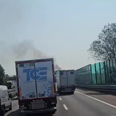 A convoy of trucks is seen on a highway on a clear day. In the foreground, a white refrigerated truck with "TCE TRANSPORT COLD EXPRESS" written on its side is stationary. Black smoke is emanating from the rear of the truck, suggesting a potential issue. Behind it, another identical truck is also stationary. The highway has a sound barrier wall on the right side. The sky is bright and clear.