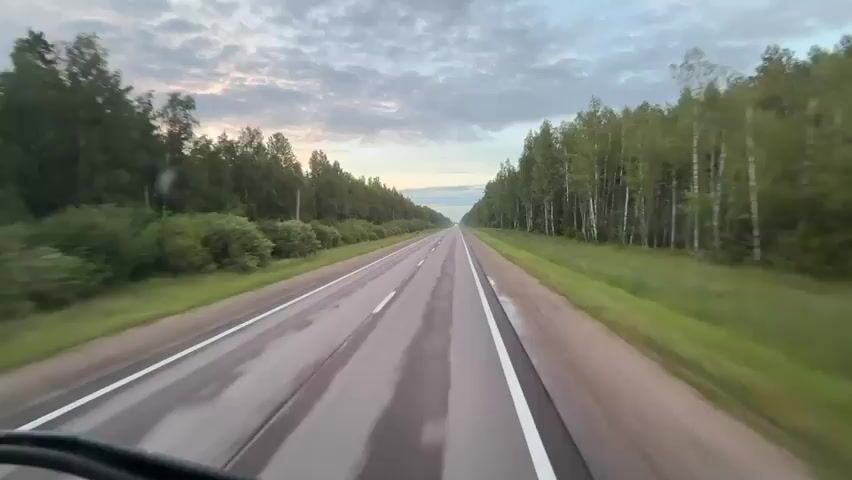 The video shows a first-person perspective of driving on a two-lane asphalt road through a forest. The road is wet with visible reflections of the sky. Trees line both sides of the road. The sky is cloudy with a mix of gray and some lighter, possibly pinkish hues, suggesting it might be dawn or dusk. The perspective is from inside a vehicle, with a portion of the dashboard or steering wheel visible in the lower left corner. The trees appear to be a mix of deciduous species, possibly birch, with some denser green foliage. The road stretches into the distance, and there are faint lights of an oncoming vehicle in the far distance. The overall impression is of a journey through a natural, somewhat overcast environment.