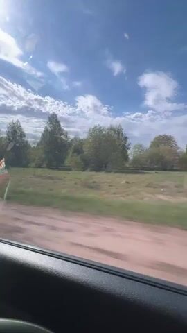 The video, shot from within a moving car, shows a countryside landscape passing by. The sky is bright blue with scattered white clouds. The foreground features a dirt road and a green field, dotted with clumps of trees of varying heights.  The interior of the car is visible in the lower portion of the frame, with the black trim of the door serving as a reference point. The video is taken during daytime with sunny weather.