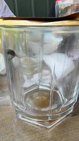 A bee is on the outside of a clear glass with a golden rim. The glass is sitting on a patterned surface. Inside the glass, there are a few ice cubes and some liquid at the bottom. In the background, out of focus, a person wearing a white shirt is visible, as is a portion of a green bench and a red and white Coca-Cola bottle. The scene appears to be outdoors, possibly at a table.