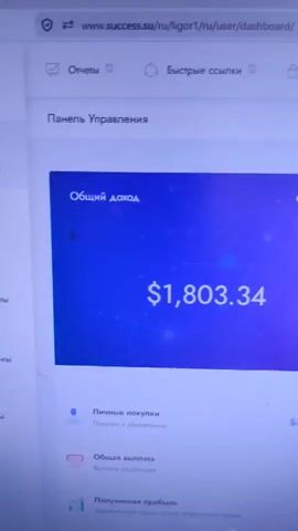 The video shows a computer screen displaying a dashboard with financial information. The dashboard is for a website called "success.su" and shows a "Panel Upravleniya" (Dashboard) section. The primary visible figure is "Общий доход" (Total Income) which is displayed as $1,803.34. Below this, there are other sections such as "Личные покупки" (Personal Purchases) with a value of $4,641.09, "Общая выплата" (Total Payout) at $0.00, and "Полученная прибыль" (Received Profit) at 38.78%. To the right of the "Total Income" section, there is a section titled "Командные продажи" (Team Sales) which shows a circular graph and some numerical data in "CV" units, with most values at 0.00. The screen resolution is not high, and some parts of the screen are blurred or out of focus.