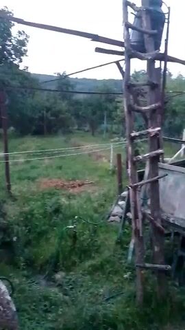 The video shows an outdoor scene with a focus on a wooden ladder leaning against a structure. There is lush green grass and vegetation throughout the scene, with trees and hills visible in the background. A blue barrel sits on the left side of the frame, near some rocks. A green hose is visible, connected to a faucet in the ground. There are also some metal poles and wires. The ladder is made of rough-hewn logs and has several steps. On top of the ladder, there is a dark-colored container. The overall impression is of a rustic, possibly rural setting.