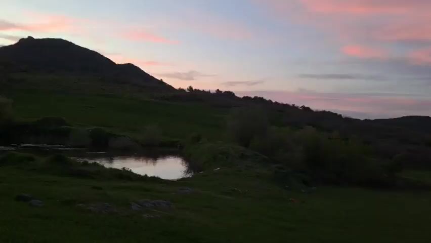 The video shows a rural scene at sunset. Initially, a small pond is visible in a grassy field, with a hill silhouetted against the colorful sky. The camera then pans to the left, revealing a narrow asphalt road stretching into the distance. A lone tree and a utility pole stand beside the road. The landscape includes rolling hills and sparse vegetation, creating a peaceful, natural setting under the fading light of the sunset.