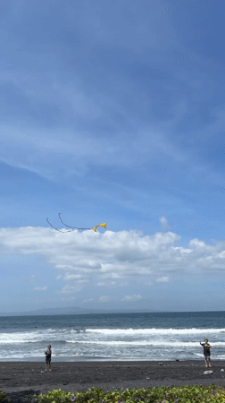 Kite flying on black sand beach in Blahbatuh, Indonesia