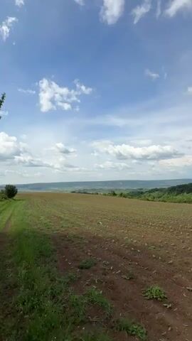 The video presents a landscape view of a plowed field beneath a partly cloudy sky. The field is predominantly brown with patches of green vegetation sparsely distributed across it. A narrow strip of green grass runs along the left edge of the field, bordering a possible path or road. In the distance, a horizon line indicates a change in elevation, possibly hills or low mountains, with a mix of green vegetation and what appears to be more farmland. The sky occupies a significant portion of the frame, featuring a bright blue expanse dotted with fluffy white clouds. Overall, the scene depicts a rural, agricultural landscape on a partly cloudy day.